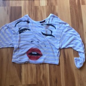 White and lavender striped over the shoulder top